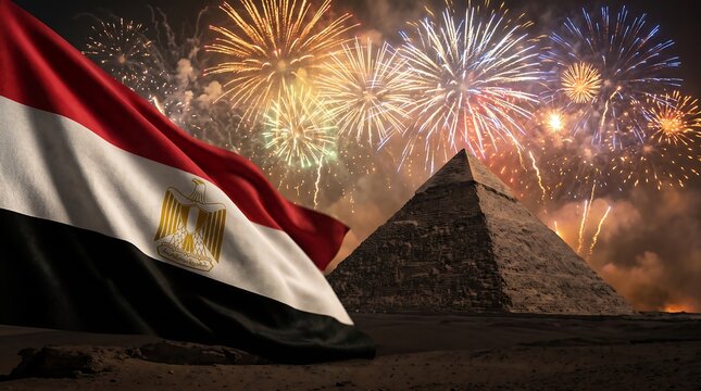 Egyptian flag waving with Great Pyramid of Giza and fireworks in dark night sky background