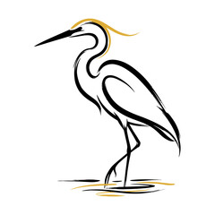 Obraz premium Elegant heron bird line art with gold crown accent