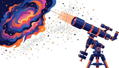 Astronomy telescope vector illustration observing a colorful cosmic galaxy nebula with glowing stars in space © Putul
