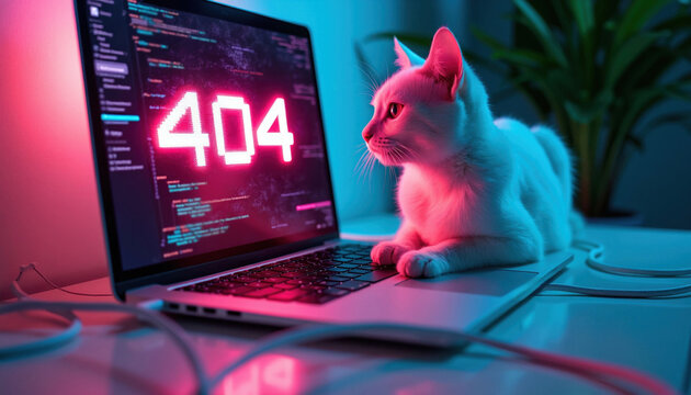 White fluffy cat sits on laptop keyboard showing neon red 404 error message on screen. Cyberpunk style dark room with blue glowing light around device. Cute pet rests near broken web site page code