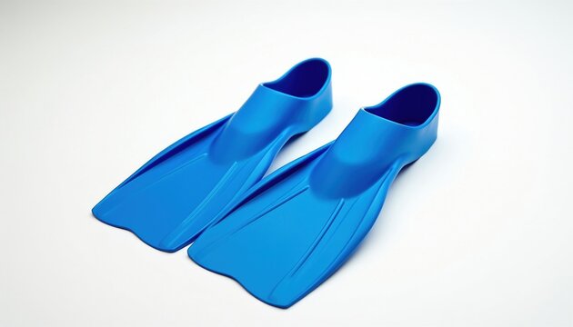 Pair of bright blue swim fins for diving, snorkeling isolated on white background. Rubber flippers for aquatic sports, ocean underwater activities. Pro plastic gear for summer vacation pool swimming,