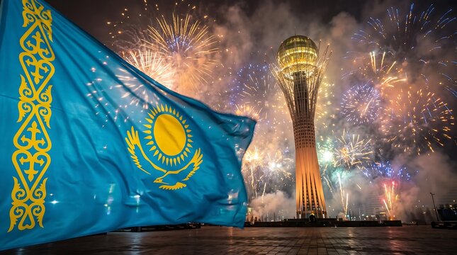 National flag of Kazakhstan waving before Bayterek Tower and festive fireworks in night sky