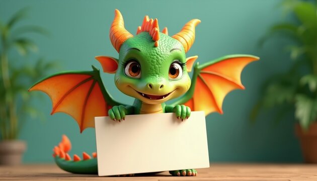 Small green baby dragon with orange horns, vibrant wings holds blank white sign. Cute cartoon creature sits on wooden table smiling at viewer. Friendly monster character for kids birthday invitation