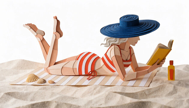 Paper Cut-Out Woman Relaxes on a Striped Beach Towel, Reading a Book Under a Wide Blue Sun Hat on the Sand