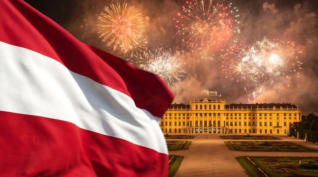 Red and white Austrian flag waving before Schonbrunn Palace with golden fireworks display at night