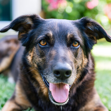 笑顔の大型犬のポートレート 舌を出して嬉しそうに見つめるかわいいミックス犬