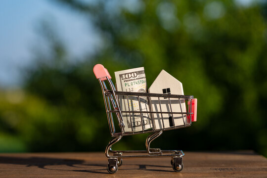 Miniature shopping cart with 100 dollar bill and small wooden house model on natural green background, closeup. Financial concept of buying home, mortgage, property investment, or real estate market