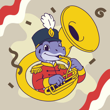 Komodo Dragon Mascot Marching Band Playing Brass Horn