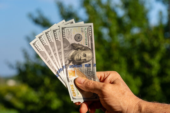Closeup of male hand holding fan of one hundred dollar bills on blurred green nature background. Concept of wealth, successful business, profit, cash payment, or financial freedom