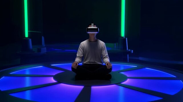 Young adult seated cross legged on illuminated circular platform wearing virtual reality headset inside dark futuristic interior with neon underlighting and geometric panels