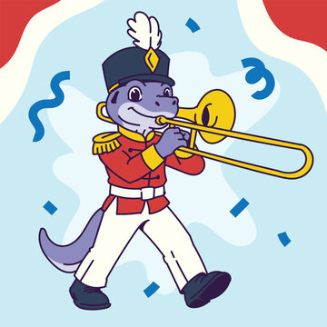 Komodo Dragon Mascot Marching Band Playing Trombone 