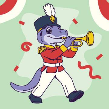 Komodo Dragon Mascot Marching Band Playing Trumpet