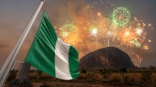 Waving Nigerian flag in foreground with Zuma Rock landmark and colorful celebratory fireworks at night