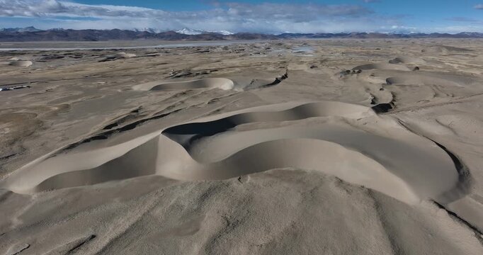Aerial footage of desert landscape in Tibet, China
