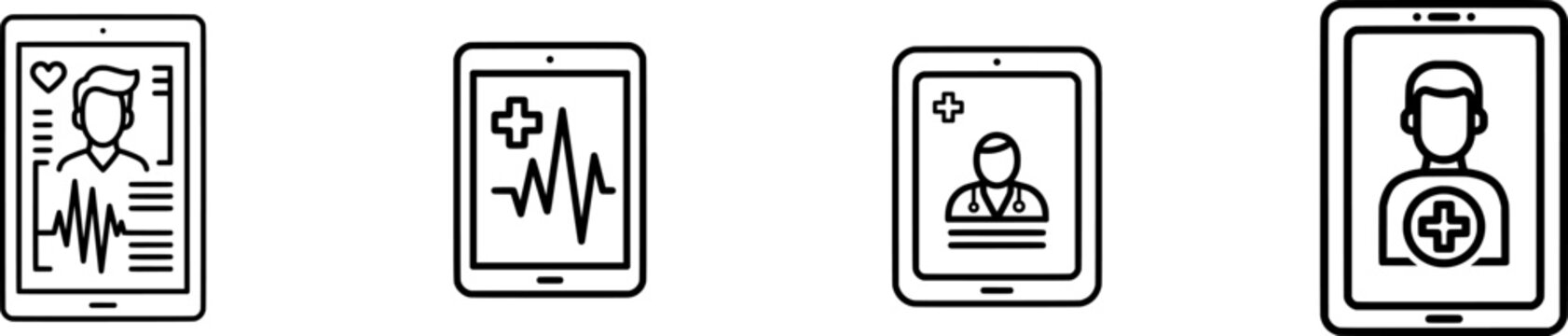 A minimalist icon of an intelligent medical data tablet profile displays heart rate monitoring features against a clean white background