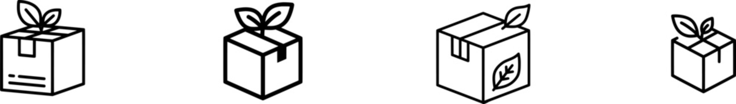 A minimalist linear outline icon of an intelligent sustainable packaging box with a small leaf, set against a clean dark line style on a pure white void background