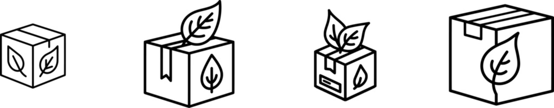 A minimalist linear icon of an intelligent sustainable packaging box with leaf symbols, set against a clean dark line style on a pure white void background