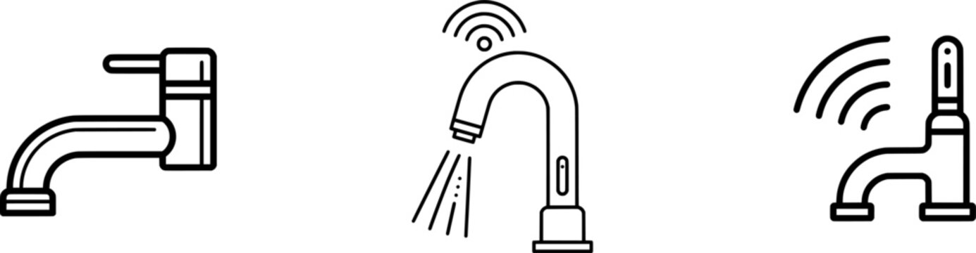 A sleek, minimalist linear icon of an automated smart faucet with sensor functionality, rendered in a clean dark line style against a pure white background