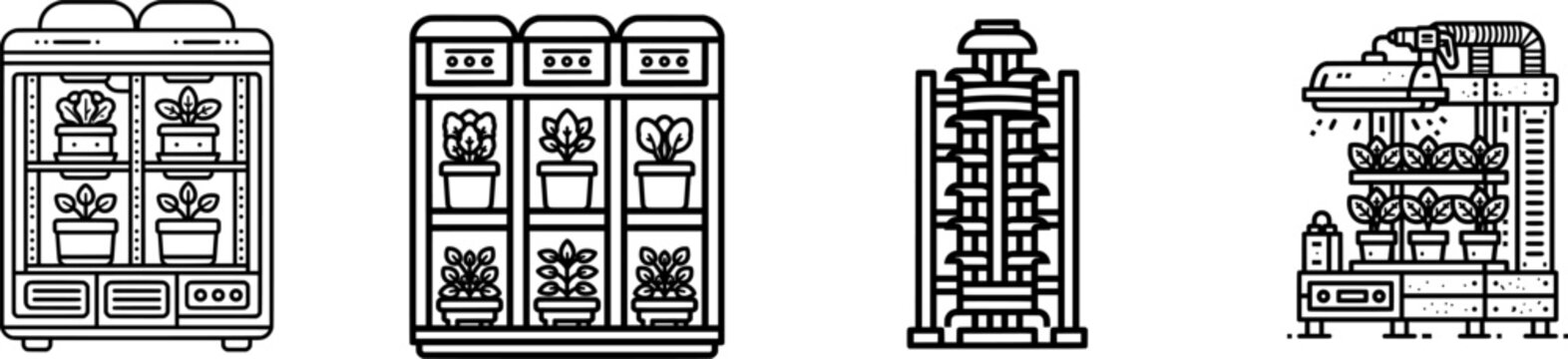 A minimalist, dark line icon of an unbranded automated vertical farming unit with four potted plants inside, set against a pure white background