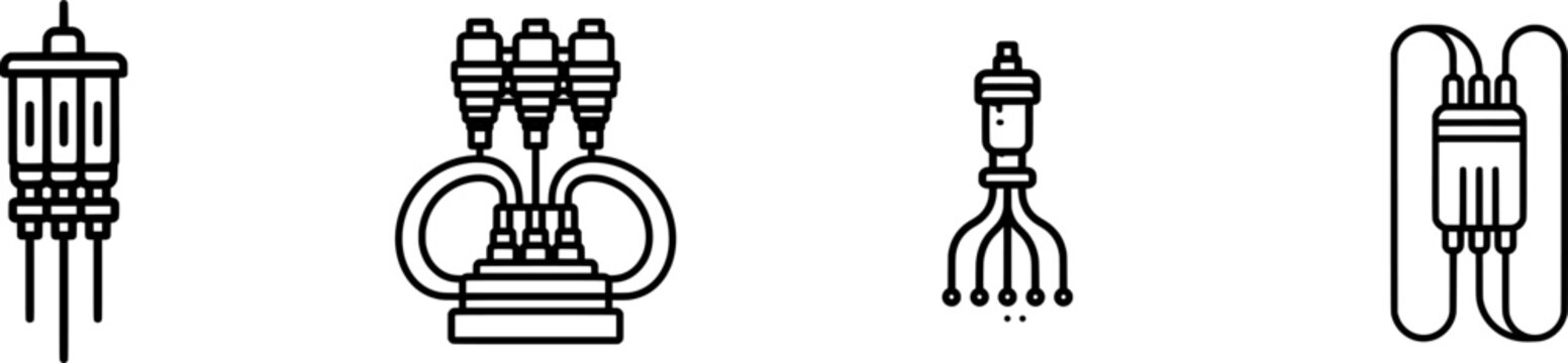 A sleek, minimalist icon of an automated smart fertilization injector unit with three nutrient lines, set against a clean dark line style on a pure white void background