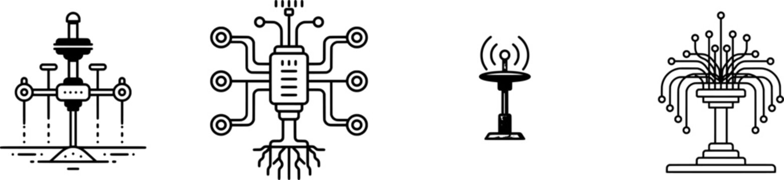 A minimalist linear outline icon of a networked soil nutrient probe station stands alone against a clean white background, showcasing its intricate design with four arms extending from the central