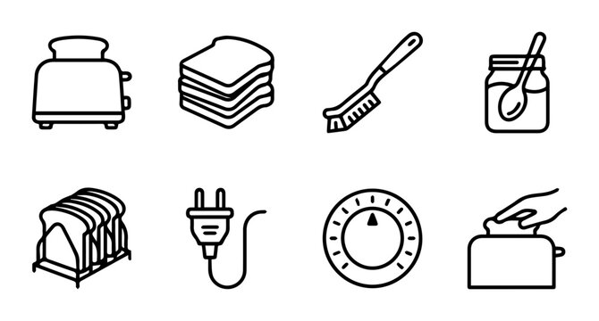 Toaster Icons, Bread Slices, Cleaning Brush, Jam Jar, Electrical Plug, Timer Dial, Breakfast Food Icons, Kitchen Appliance Graphics