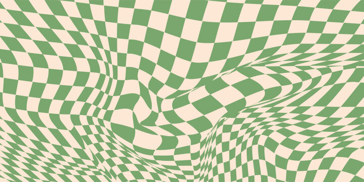 green checkerboard pattern. Repeating distorted checkered texture. Groovy trippy abstract background. Vintage retro style wallpaper for textile, fabric, wrapping paper. Vector check surface vector ilu