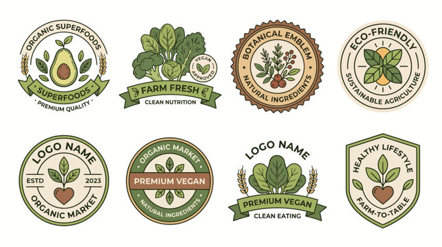 Collection of organic and eco-friendly badges and labels for healthy food products.
