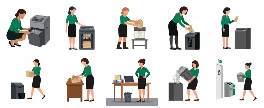 Flat vector illustration set of businesswomen shredding documents and managing office waste for data security and professional organization.