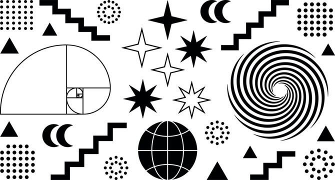 Geometric Y2K Retro Futuristic Icon Elements Set Featuring Golden Ratio Spiral Stars Hypnotic Vortex Staircases and Grid Patterns Silhouette Vector Illustration