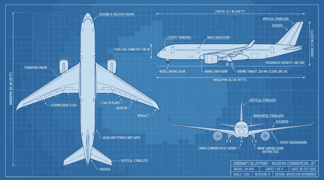 Aircraft Blueprint Technical Drawing with Jet Airliner and Wing Details