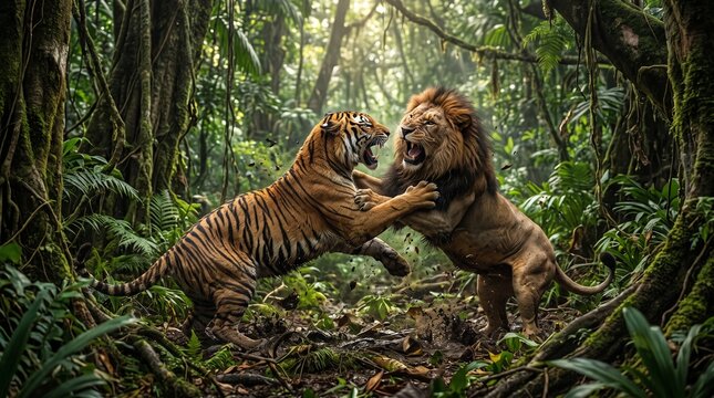 Two tigers play fighting in lush green forest. Wild animals engaging in natural behavior during golden hour sunlight.