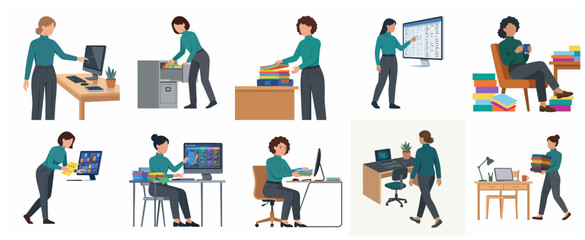 Fototapeta premium Set of illustrations featuring a professional woman performing various office tasks, administrative work, and document management in a modern workplace setting.