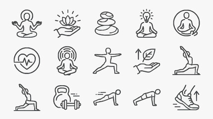 Obraz premium Modern Black and White Line Set of Yoga Meditation Fitness and Wellness Icons for Digital Design