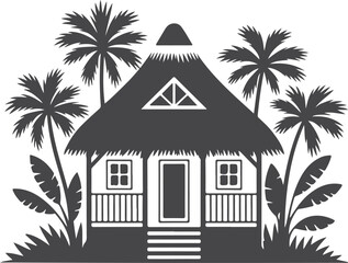 Obraz premium Tropical beach hut with palm trees and jungle plants evokes vacation island paradise and serene getaway relaxation.
