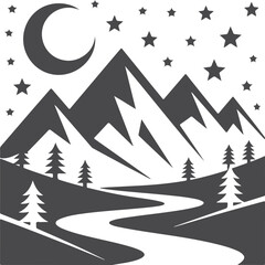 Fototapeta premium Mountain landscape at night with crescent moon and stars over river and pine trees symbolizes nature's beauty and wilderness tranquility.
