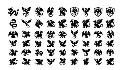 Obraz premium Black Dragon Silhouette Icon Set with Mythical Creature Logos Eastern and Western Fantasy Vector Collection