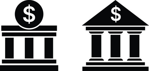 Obraz premium Two black and white bank building featuring a dollar sign symbol on a plain white background
