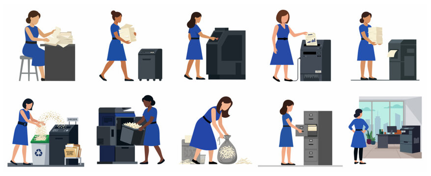 Flat vector illustration set of a professional woman managing office document shredding, recycling, and filing for data security.
