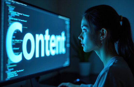 Young woman looks at computer screen with text content in dark room. Serious pro female coder works on project late night. Blue light glows on face reads digital information code. Focused developer