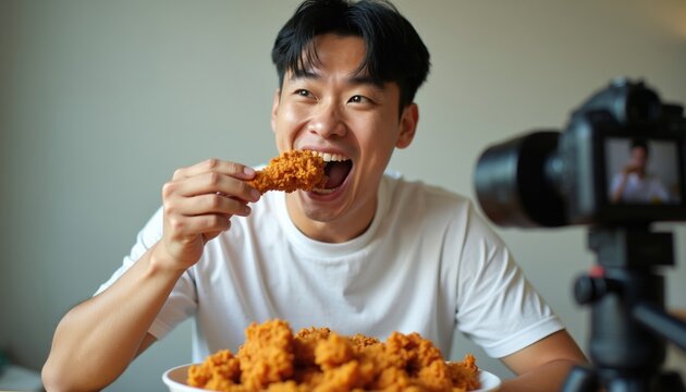Asian man eats fried chicken leg for mukbang video shoot. He films himself enjoying crispy chicken at home for online audience. Food blogger records meal for social media channel.