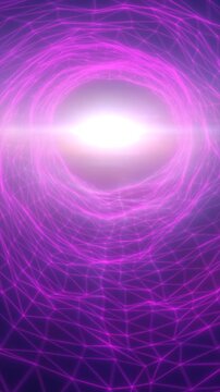 Abstract pink digital portal with glowing mesh lines and a bright central core in a futuristic space.