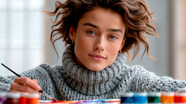 Creative young artist painting with watercolor in cozy knitted sweater showcasing creativity focus and artistic lifestyle