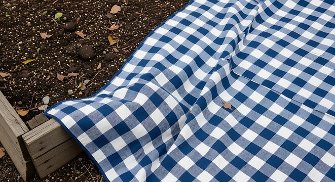 Blue and white checkered picnic blanket spread over a wooden garden bed for outdoor dining preparation in a sunny backyard setting during the summer season