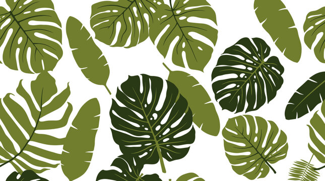 All over scattered tropical palm fronds and Monstera leaf pattern in solid dark olive and emerald green shades on a pale background