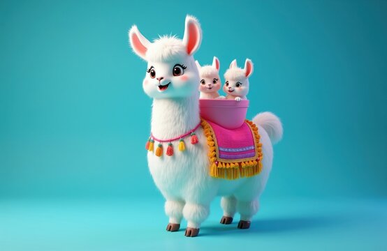 White fluffy llama carries two cute small babies on back. Funny animals wear pink saddle blanket with tassels. Cartoon character art features smiling faces against bright blue background. Soft