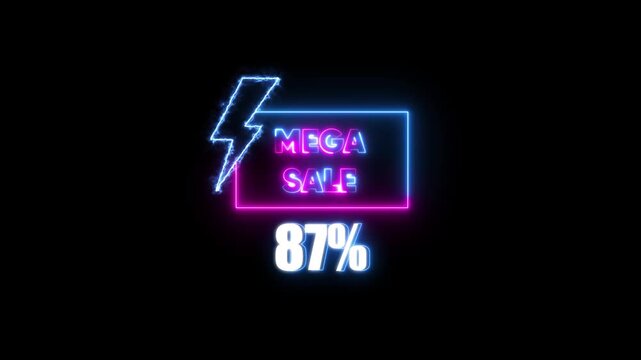 Neon mega sale 87% off sign glowing lightning bolt animation for e-commerce promotions