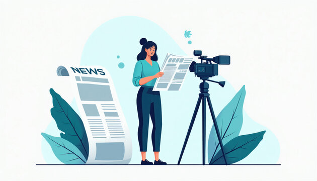 Woman reads newspaper next to camera on tripod. Illustration shows news reporting and media production. Paper has NEWS headline. Flat graphic style with teal and pastel colors.