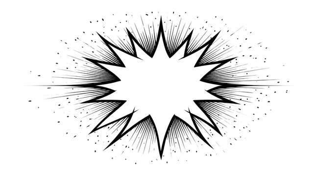Comic book speech bubble features a jagged outline with explosive motion lines and scattered debris dots for a dramatic narrative emphasis.