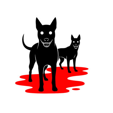 Two demonic black dogs with sharp teeth standing in blood